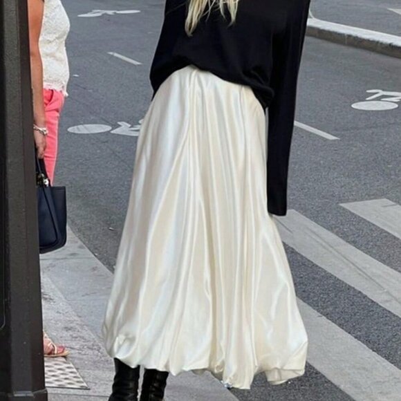 Beige Casual Women's Satin Pleated Bubble Long Skirt - Picture 10 of 13